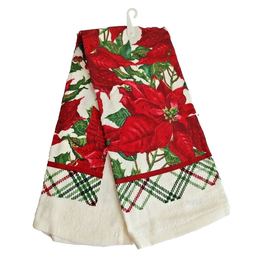 Holiday Time Christmas Kitchen Towel 15" x 25" Cotton Poinsettia Stripes Plaid